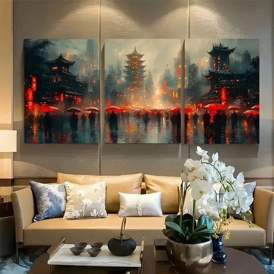 3pcs Japanese Style Cyberpunk City Metal Print Ready to Hang Art