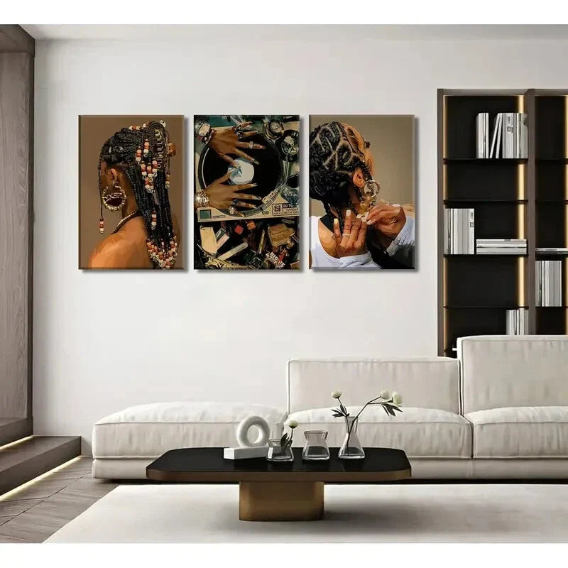 3pcs Boho Fashion Black Girl Painting Metal Print Ready to Hang Art