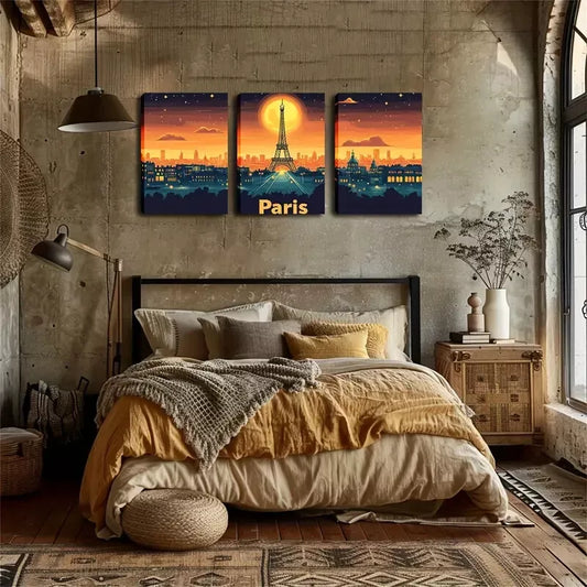 3pcs Eiffel Tower at Dusk Wall Art Set Canvas Framed 40x60cm - High Quality Print 100% Australian Made Wall Canvas Ready to Hang