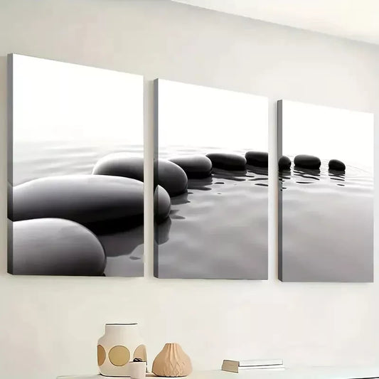 3pcs Simple Modern Black and White Stones Water Wall Art Set Canvas Framed 40x60cm - High Quality Print 100% Australian Made Wall Canvas Ready to Hang