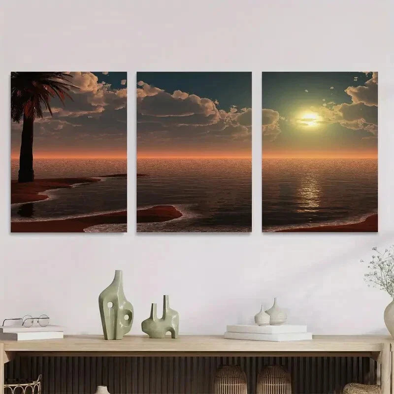 3pcs Sunset Beach Triptych Vibrant Orange & Brown Metal Print Ready to Hang Art