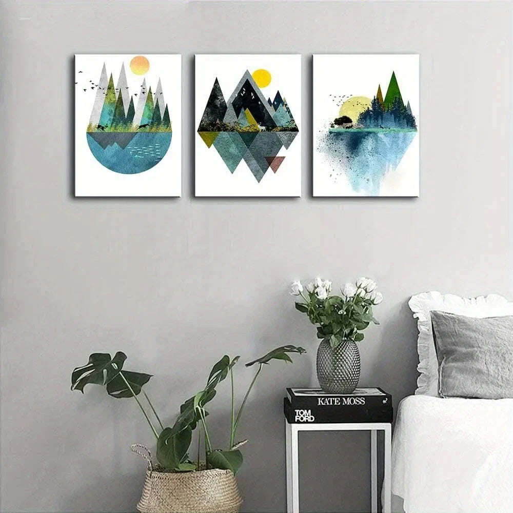 3pcs Abstract Geometric Mountains Artwork Metal Print Ready to Hang Art