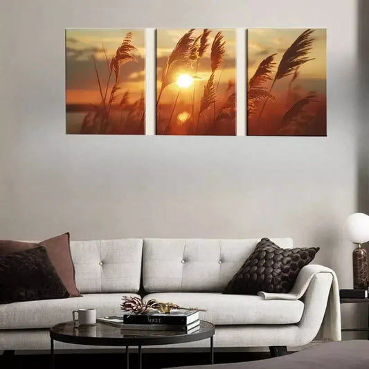 3pcs Nature Grasses & Sunset View Canvas Framed 40x60cm - High Quality Print 100% Australian Made Wall Canvas Ready to Hang