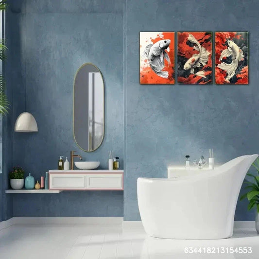 3pcs Vibrant Koi Fish Design with Bold Orange Metal Print Ready to Hang Art