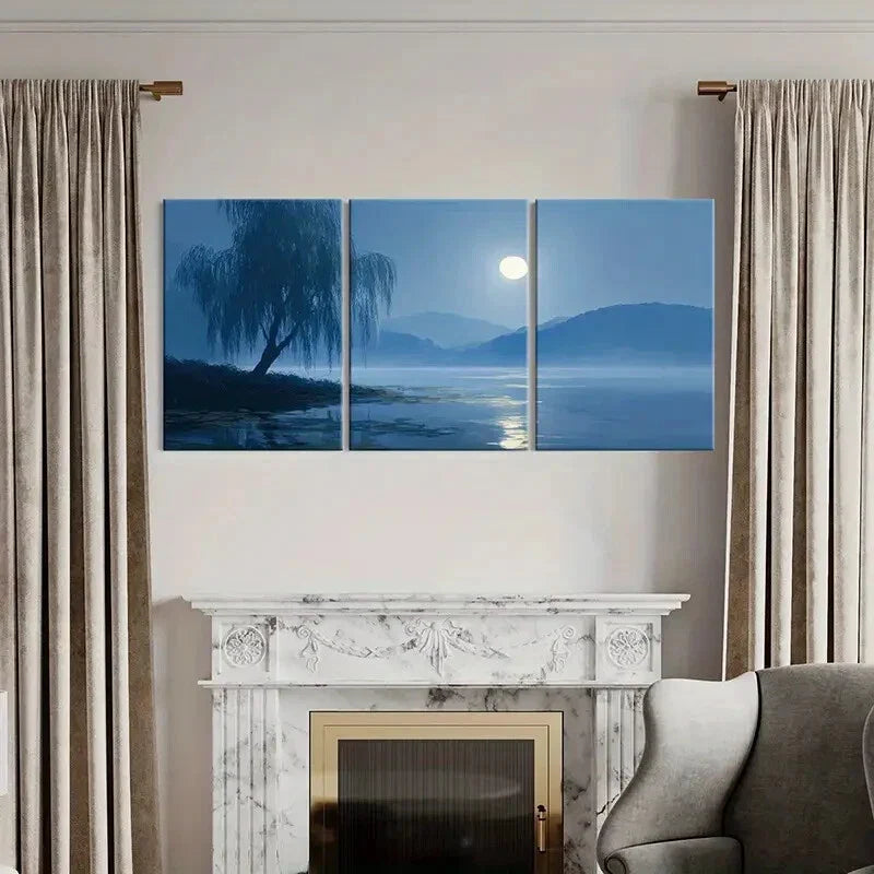 3pcs Moonlit Willow Reflection Serene Lake Metal Print Ready to Hang Art