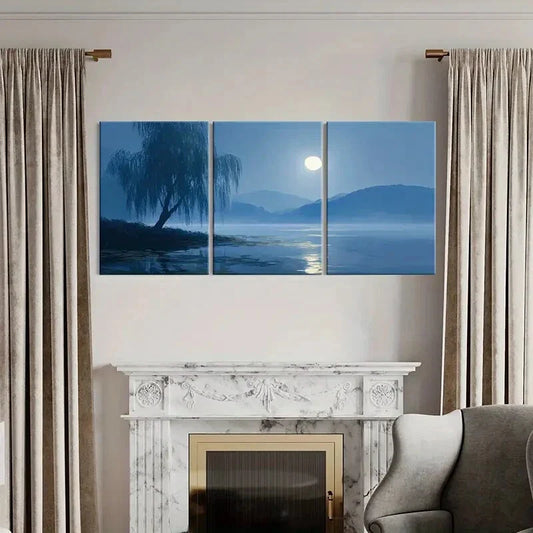 3pcs Moonlit Willow Reflection Serene Lake Metal Print Ready to Hang Art