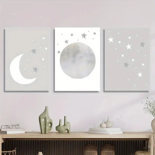 3pcs gray moon and stars, neutral art, Metal Print Ready to Hang Art