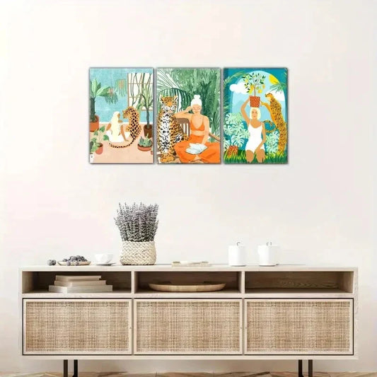 3pcs Abstract Cheetah and Tropical Plant Designs Metal Print Ready to Hang Art