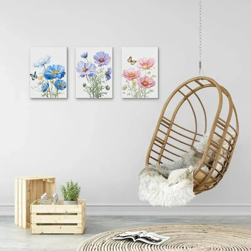 3pcs Colorful Floral Picture Blue Yellow Pink Metal Print Ready to Hang Art