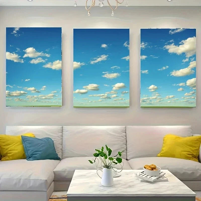 3pcs A Bright Blue Sky with White Metal Print Ready to Hang Art