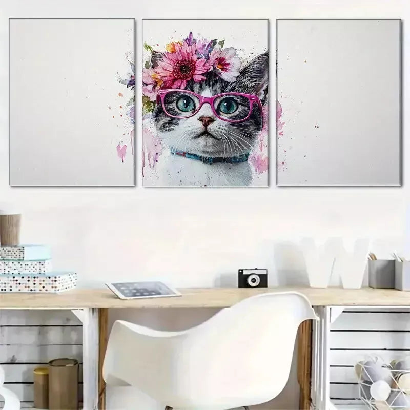 3pcss crown of vibrant flowers Fashionable Kitty Wall Art Set Canvas Framed 40x60cm - High Quality Print 100% Australian Made Wall Canvas Ready to Hang