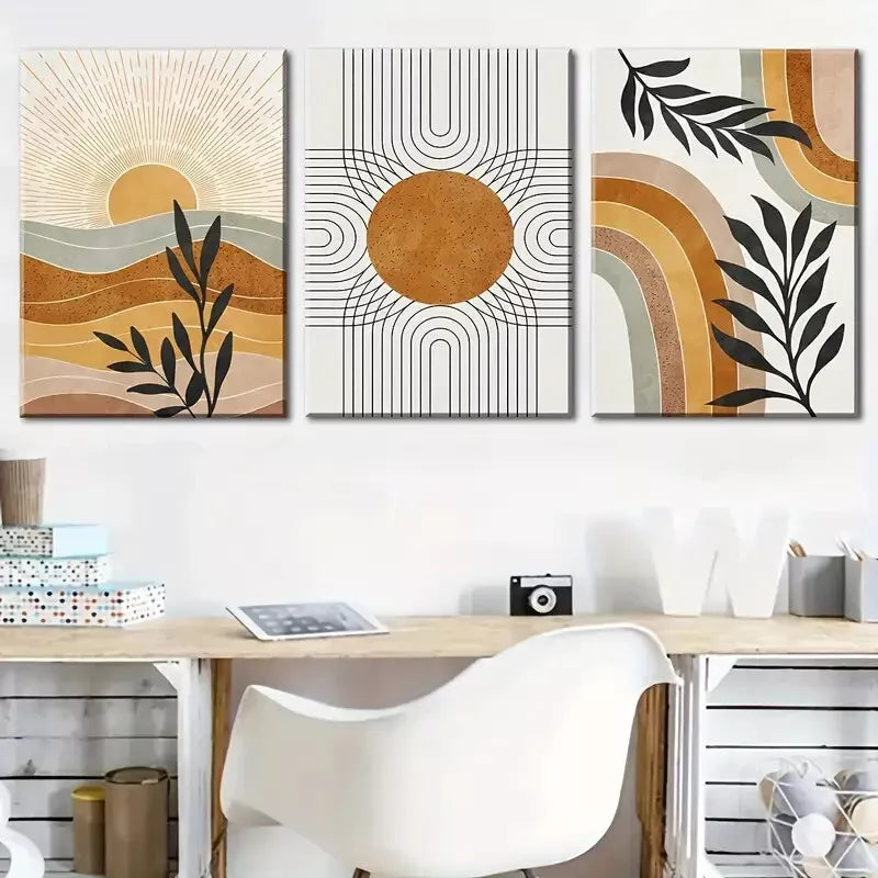 3pcs abstract line leaf sun print, bohemian Wall Art Set Canvas Framed 40x60cm - High Quality Print 100% Australian Made Wall Canvas Ready to Hang