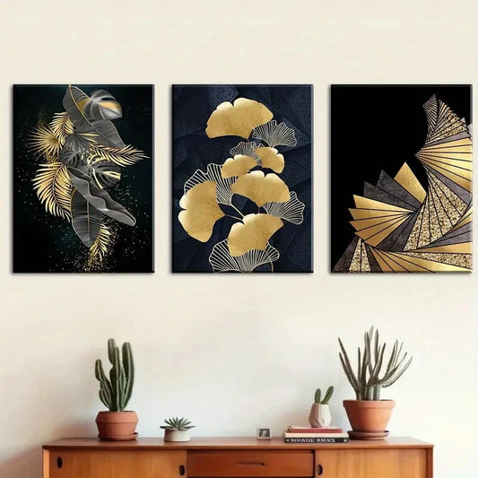 3pcs Black & Golden Leaf Designs, Metal Print Ready to Hang Art