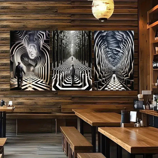 3pcs Abstract Psychedelic Modern Architectural Metal Print Ready to Hang Art