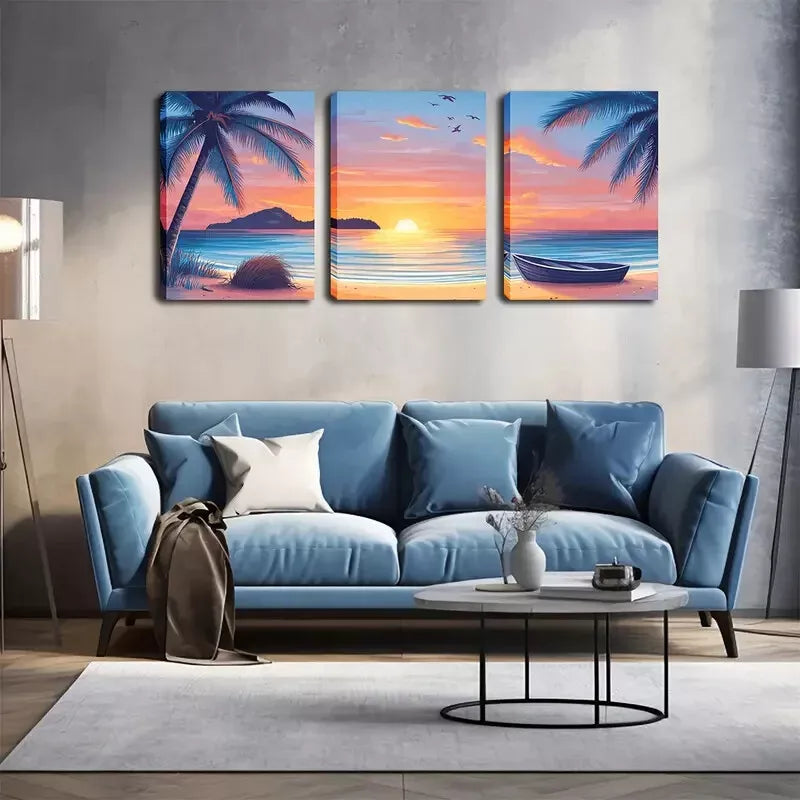 3pcs Sunset, A Boat On The Beach Wall Art Set Canvas Framed 40x60cm - High Quality Print 100% Australian Made Wall Canvas Ready to Hang