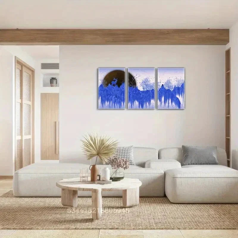 3pcs Sika deer, golden mountains, and golden trees Metal Print Ready to Hang Art