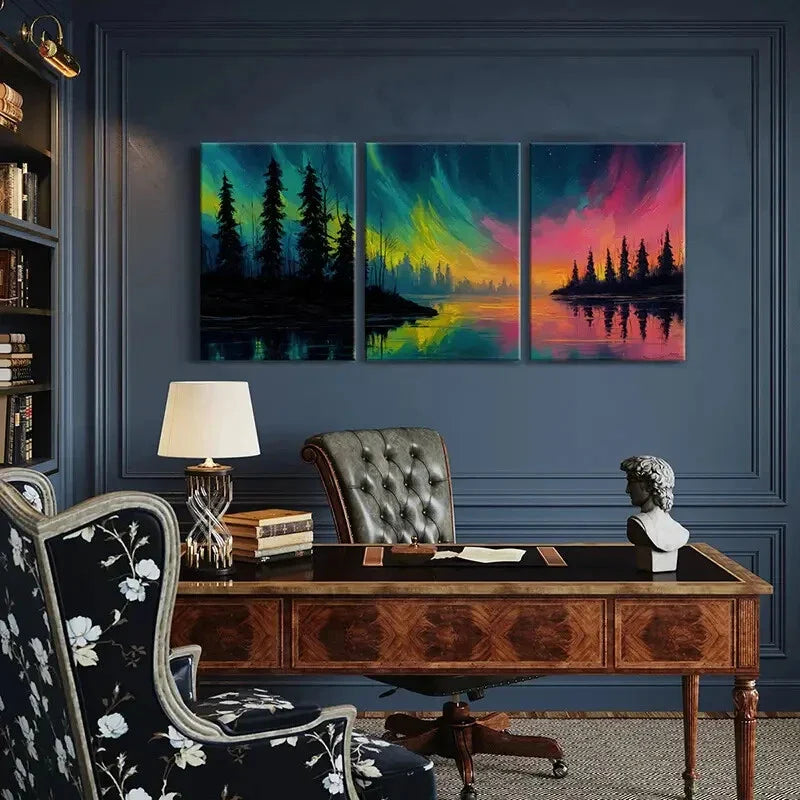 3pcs Northern Vibrant Night Sky Landscape Art Metal Print Ready to Hang Art