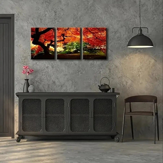 3pcs Modern Red Maple Trees Metal Print Ready to Hang Art