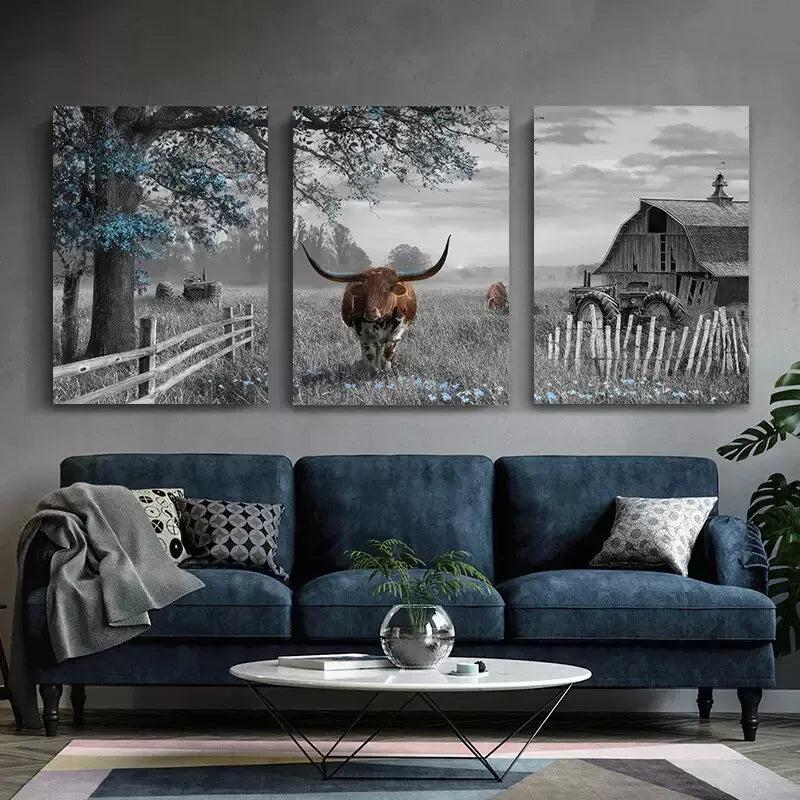 3pcs Highland Cow Wall Art Farmhouse Canvas Framed 40x60cm - High Quality Print 100% Australian Made Wall Canvas Ready to Hang