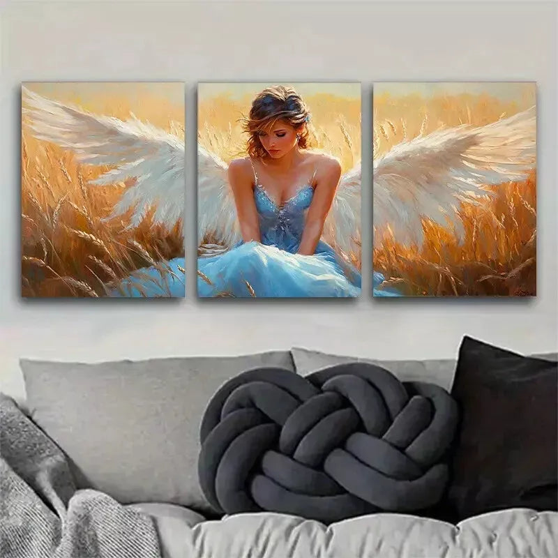 3pcs Ethereal Angel in Wheat Field Triptych Wall Art Set Canvas Framed 40x60cm - High Quality Print 100% Australian Made Wall Canvas Ready to Hang