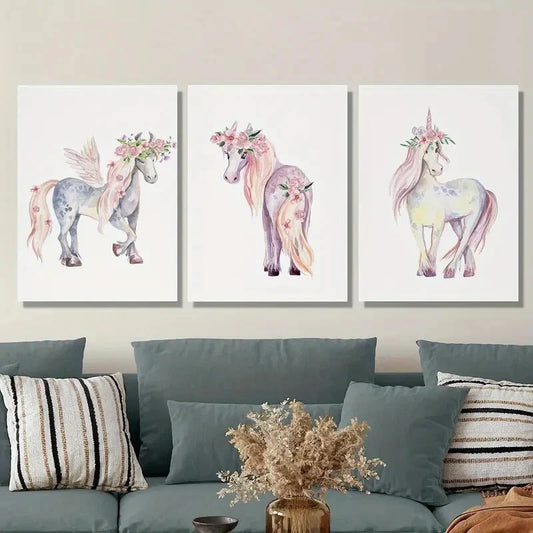 3pcs Pink Unicorn Print, Watercolor Metal Print Ready to Hang Art
