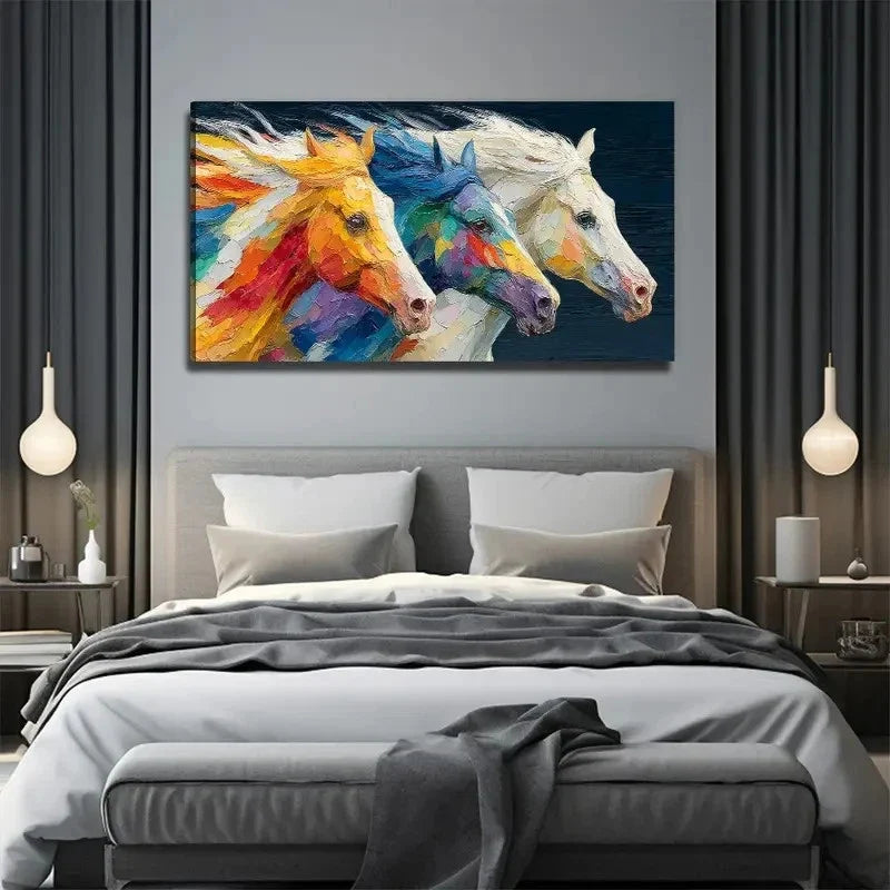 Colorful Horses Suitable Wall Art Canvas Office Home Room Framed 80x45cm
