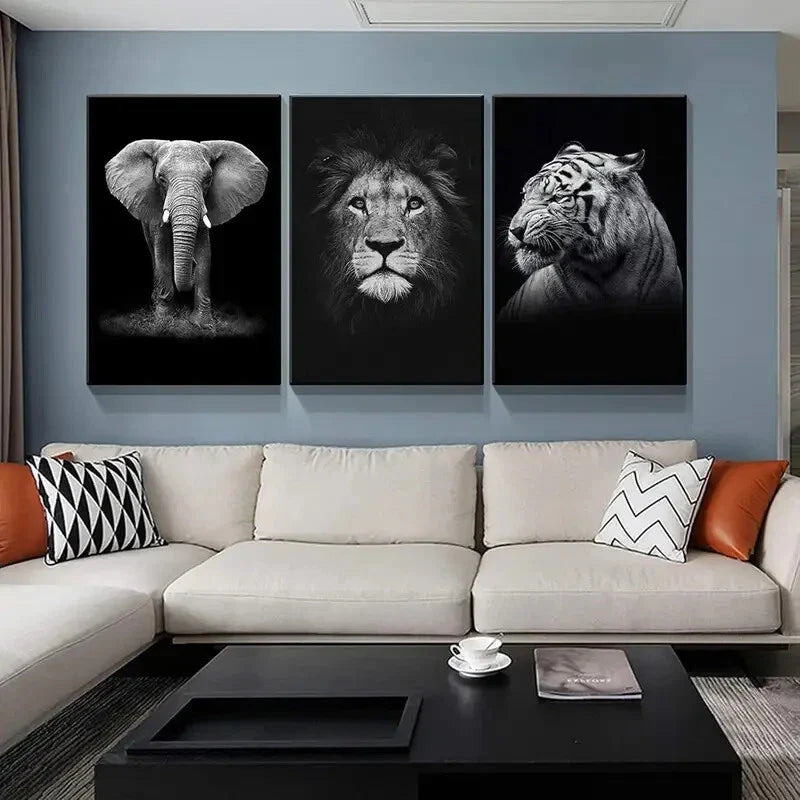 3pcs Elephant Lion Tiger Animal Prints Metal Print Ready to Hang Art