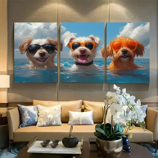 3pcs Cute Dogs Pool Party Summer Beach Metal Print Ready to Hang Art