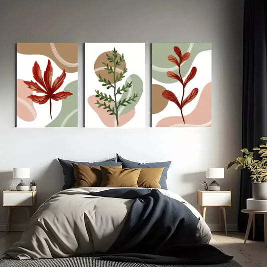 3pcs Green & Red Flowers and Grass Canvas Framed 40x60cm - High Quality Print 100% Australian Made Wall Canvas Ready to Hang