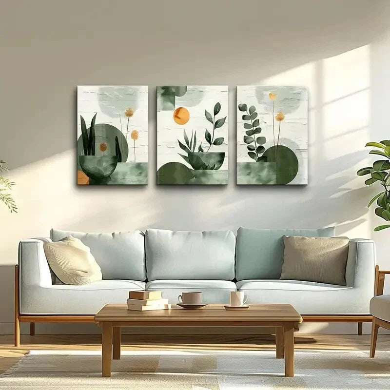 3pcs Abstract Geometric & Botanical Metal Print Ready to Hang Art