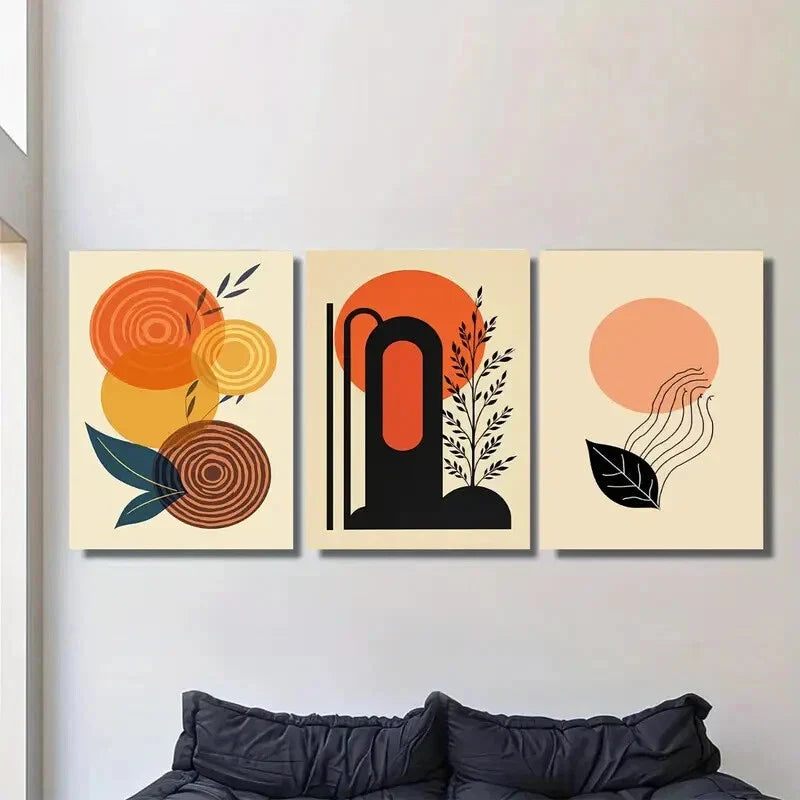 3pcs Vibrant Orange & Black Geometric Abstract Metal Print Ready to Hang Art