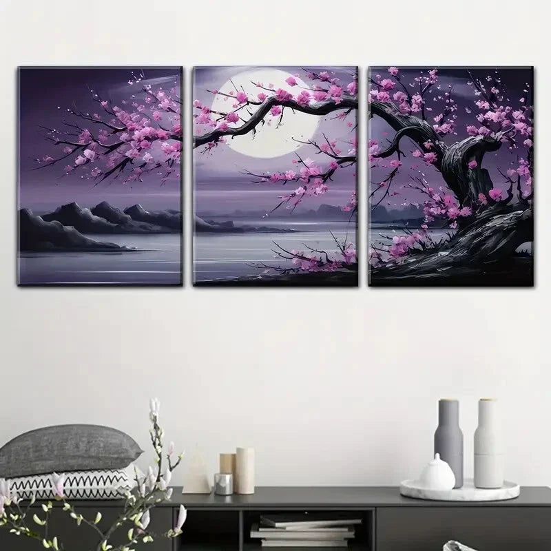 3pcs Moonlit Plum Blossom Serene Night Landscape Metal Print Ready to Hang Art