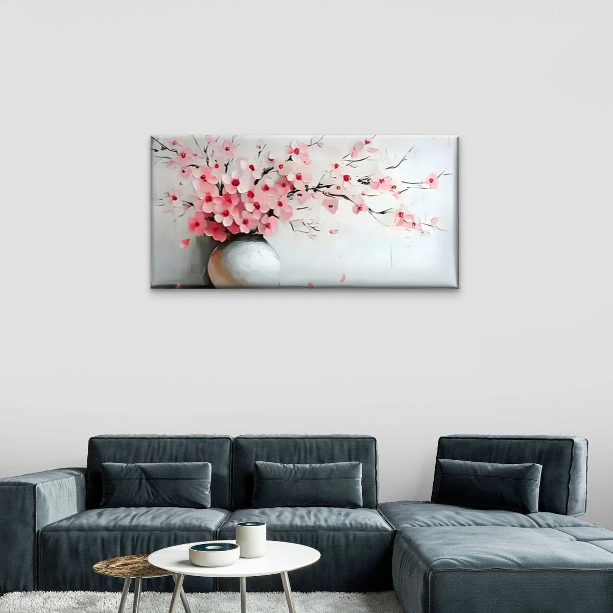 Pink Flowers Vase White Wall Art Canvas Office Home Room Framed 80x45cm
