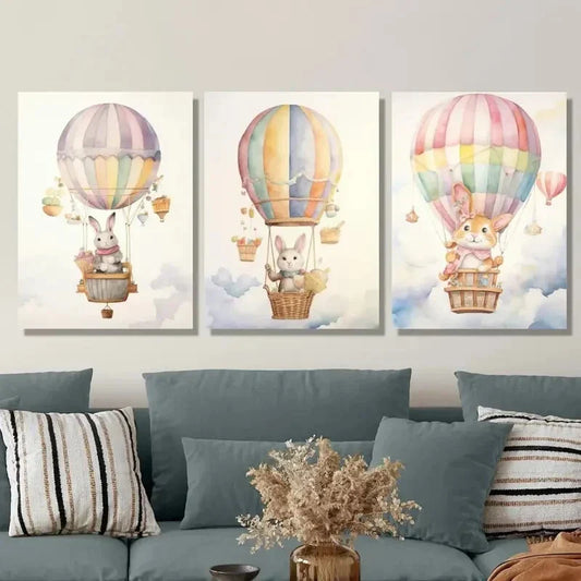 3pcs Hot Air Balloon Baby Arctic Hare Metal Print Ready to Hang Art
