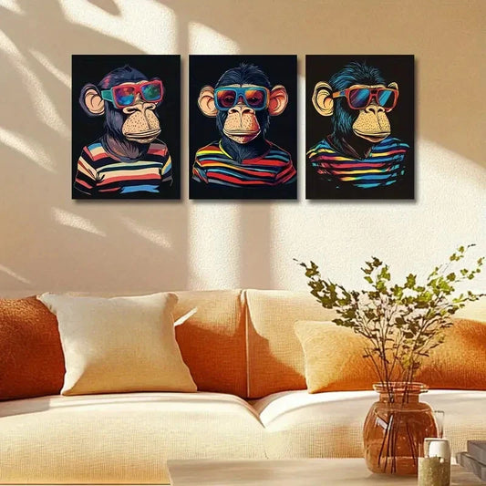 3pcs Fashion Glasses Monkey Metal Print Ready to Hang Art