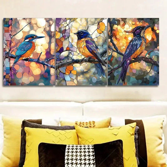 3pcs Stained Glass Bird, Luxurious Wall Art Set Canvas Framed 40x60cm - High Quality Print 100% Australian Made Wall Canvas Ready to Hang