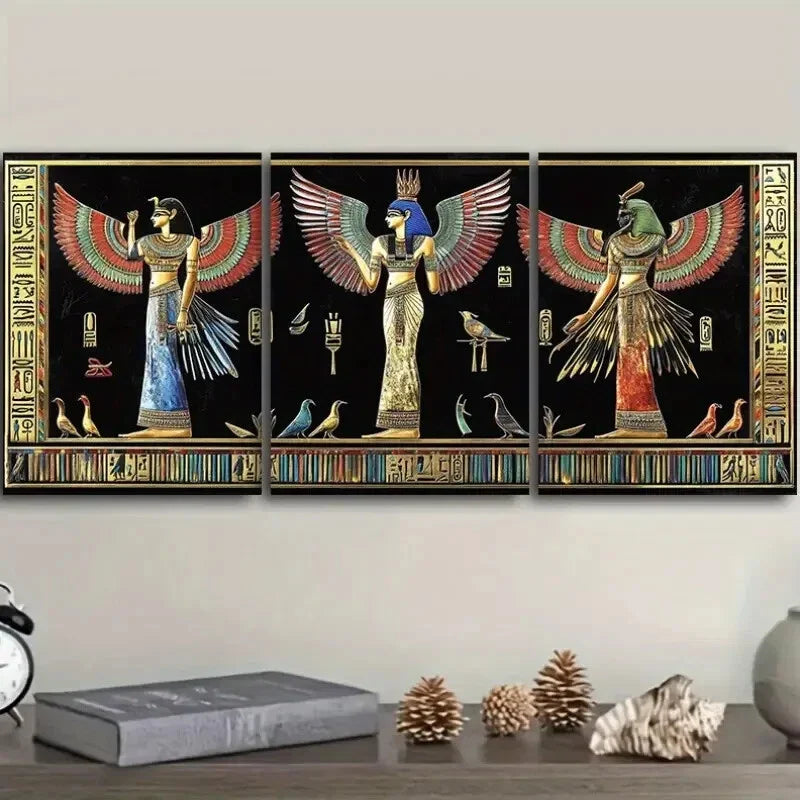 3pcs Black ancient Egyptian frescoes Wall Art Set Canvas Framed 40x60cm - High Quality Print 100% Australian Made Wall Canvas Ready to Hang