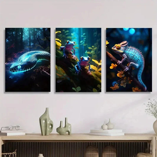 3pcs Blue glowing snake in the forest, Metal Print Ready to Hang Art