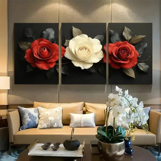3pcs Elegant Red & White Roses on Black Background Metal Print Ready to Hang Art
