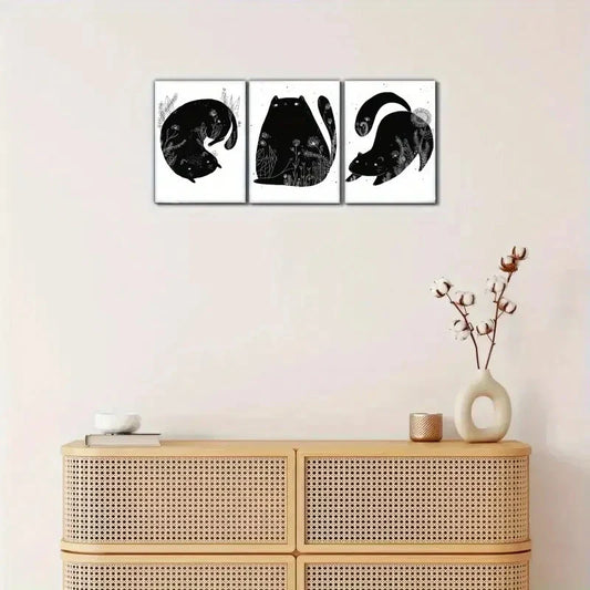 3pcs Black and White Cat Decorative Poster Metal Print Ready to Hang Art
