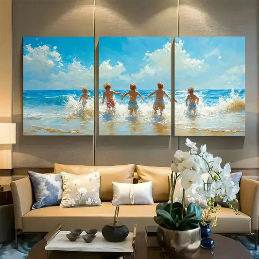 3pcs Youngsters Playing Seashore Beach Metal Print Ready to Hang Art