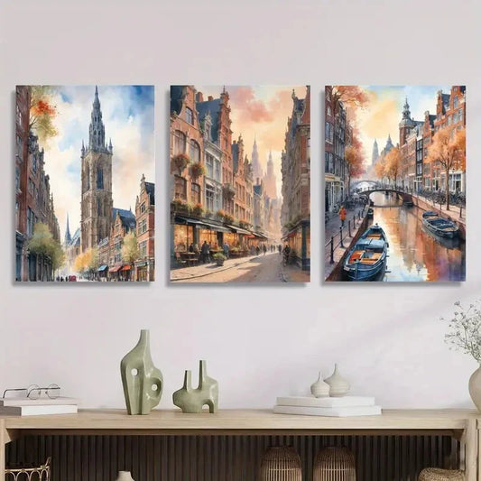 3pcs Watercolor landscape with cathedral Metal Print Ready to Hang Art