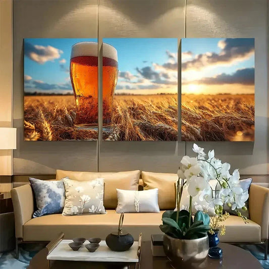 3pcs Glass of Beer In A Wheat Field Design Metal Print Ready to Hang Art