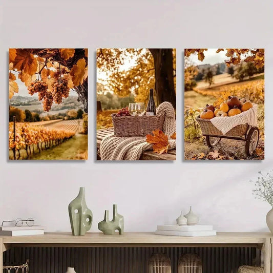 3pcs Warm Picnic Poster, Orange Autumn Scenery Metal Print Ready to Hang Art