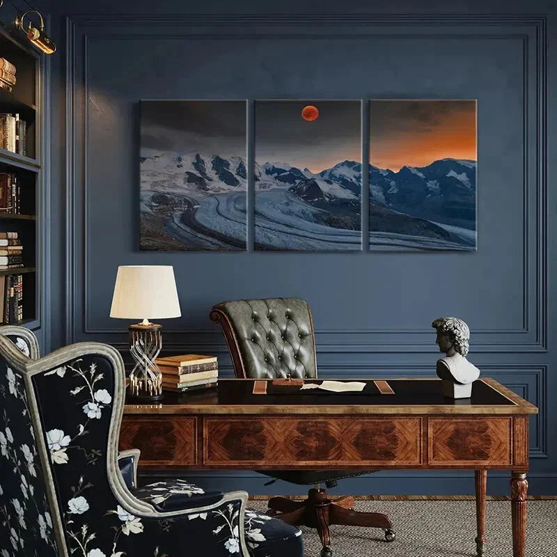 3pcs Red Moon, Snow Mountains Metal Print Ready to Hang Art