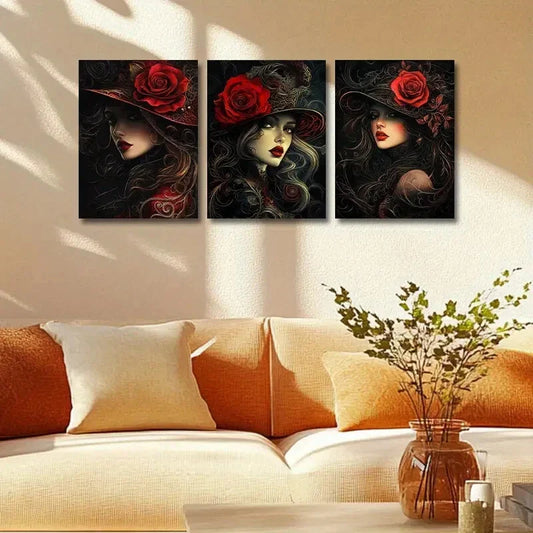 3pcs Sexy woman with Rose Hat Design Metal Print Ready to Hang Art
