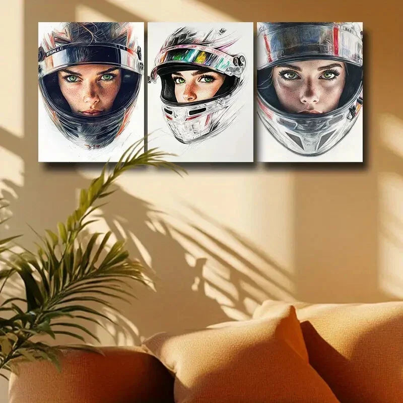 3pcs The Woman in the Helmet Design Metal Print Ready to Hang Art