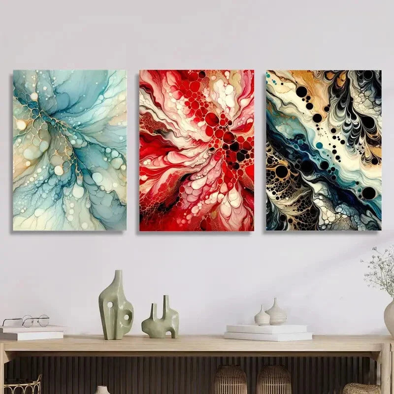 3pcs Blue Red and Black Color with Lots of Bubble Metal Print Ready to Hang Art