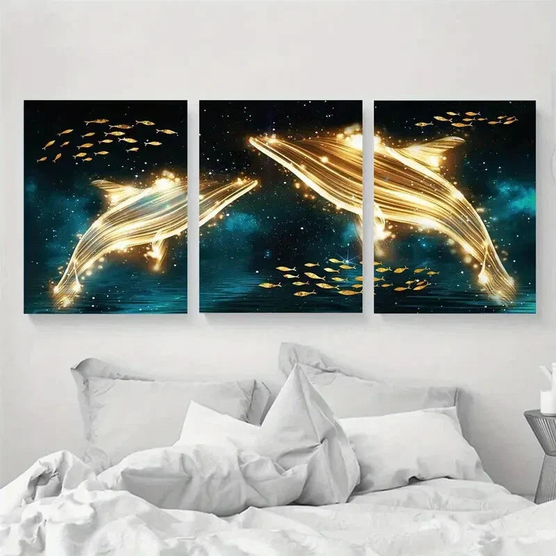 3pcs Gold Whale Animals Metal Print Ready to Hang Art