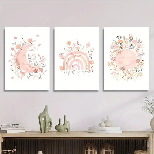 3pcs Colorful Moon Rainbow Sun Full of Flowers Metal Print Ready to Hang Art